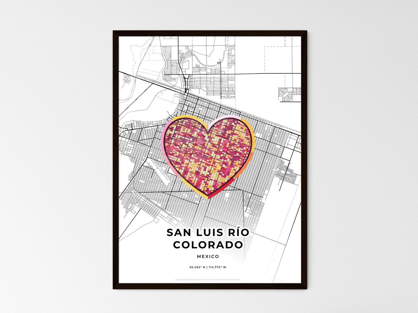 San Luis Río Colorado Mexico wedding art map with heart icon
