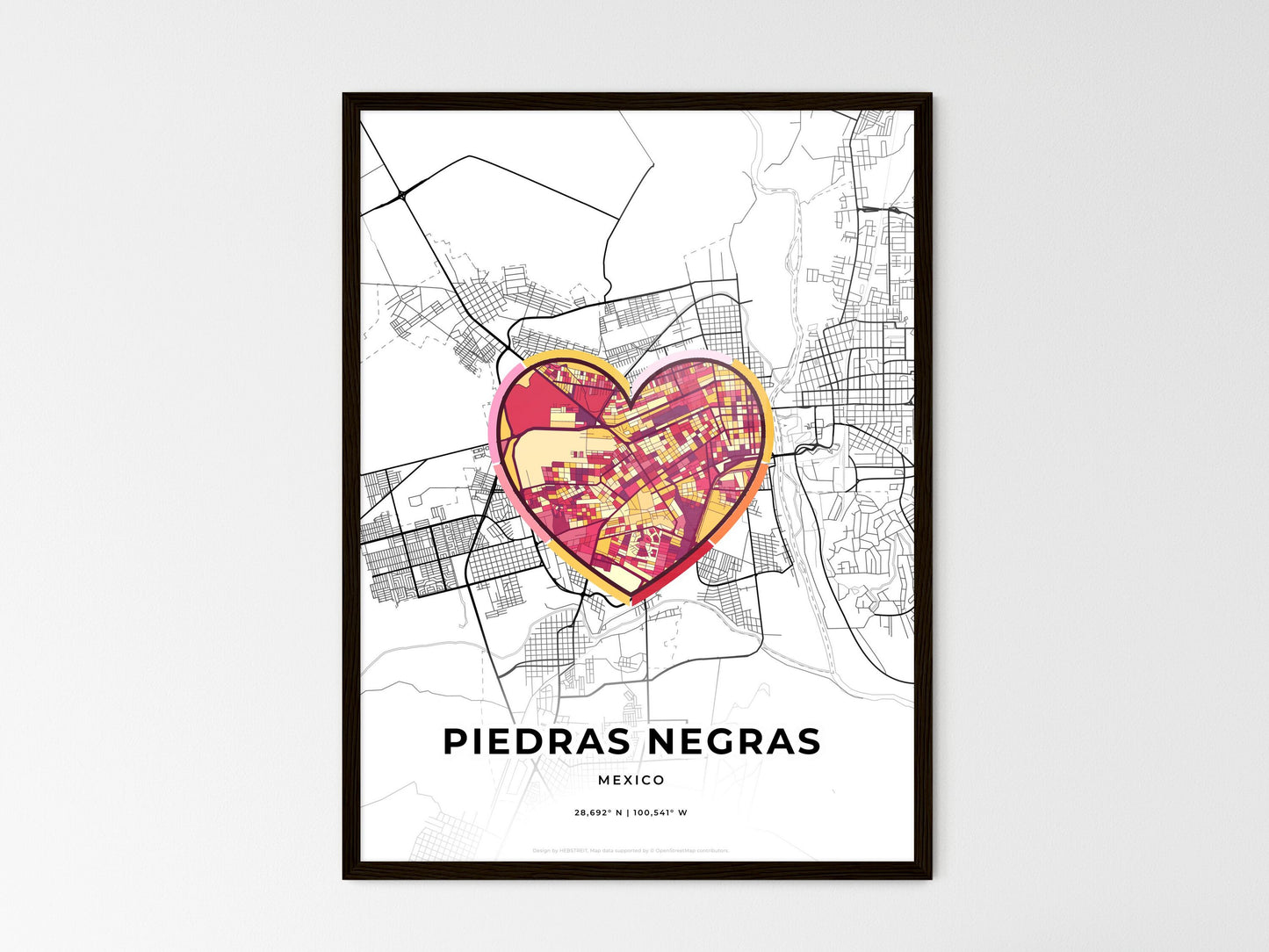 Piedras Negras Mexico wedding art map with heart icon