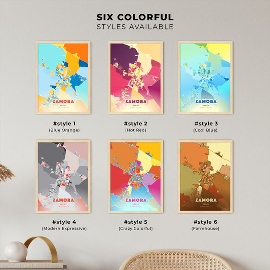 Colorful ZAMORA MEXICO Fine Art Map Blue Orange