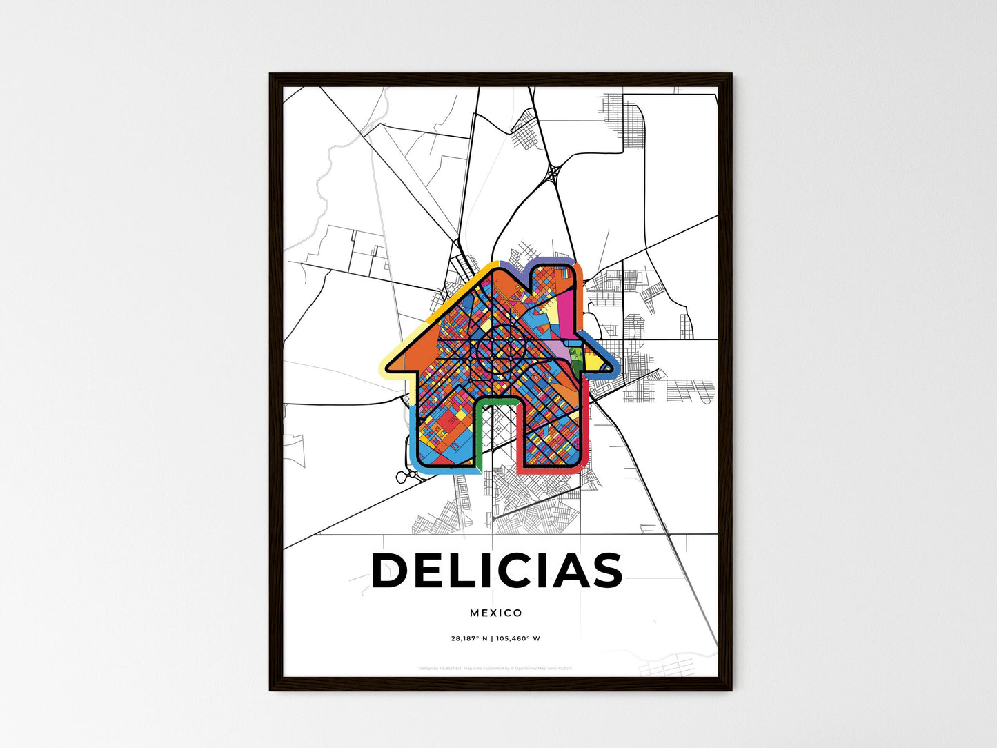Delicias Mexico wedding art map with home icon