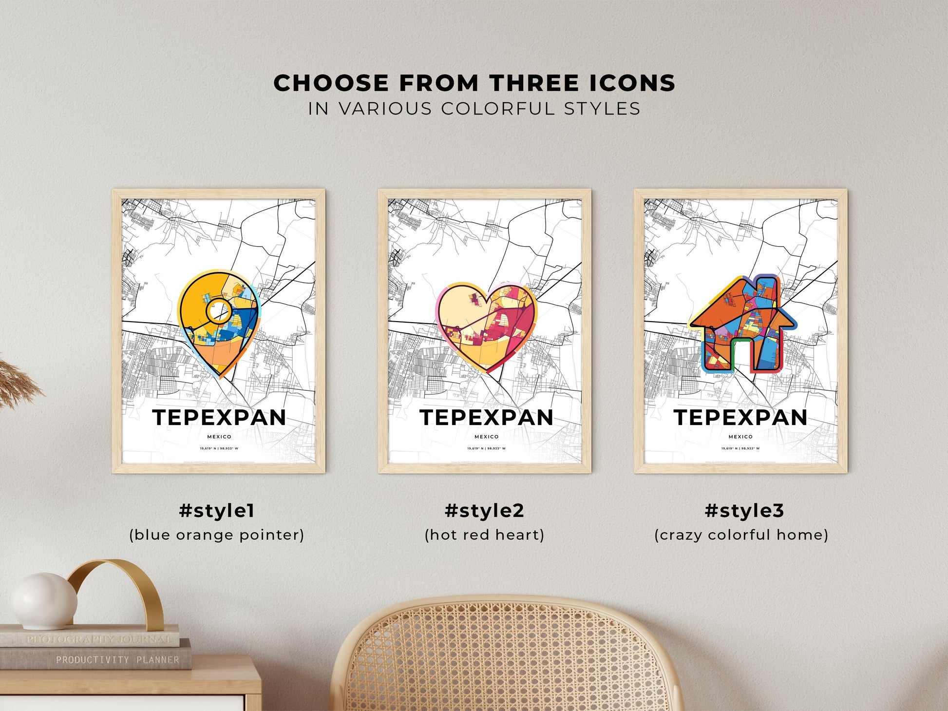 TEPEXPAN MEXICO minimal art map with a colorful icon. Where it all began, Couple map gift.