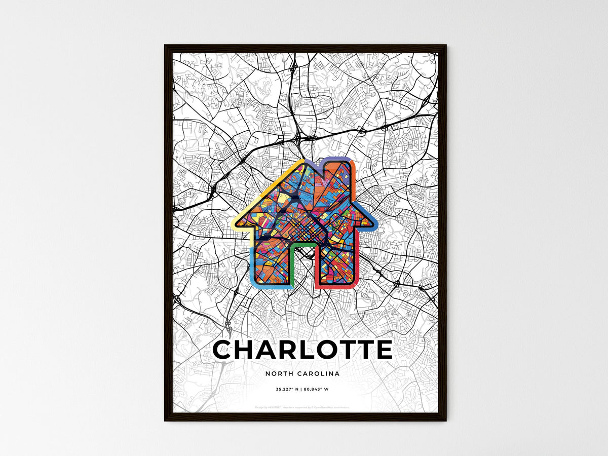 Charlotte North Carolina wedding art map with home icon