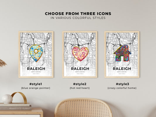 Raleigh North Carolina maps with colorful icons