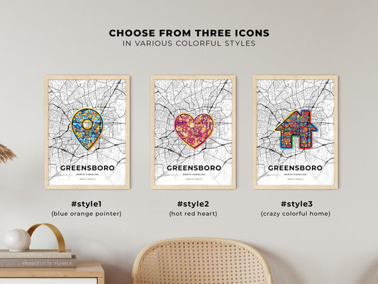 Greensboro North Carolina maps with colorful icons