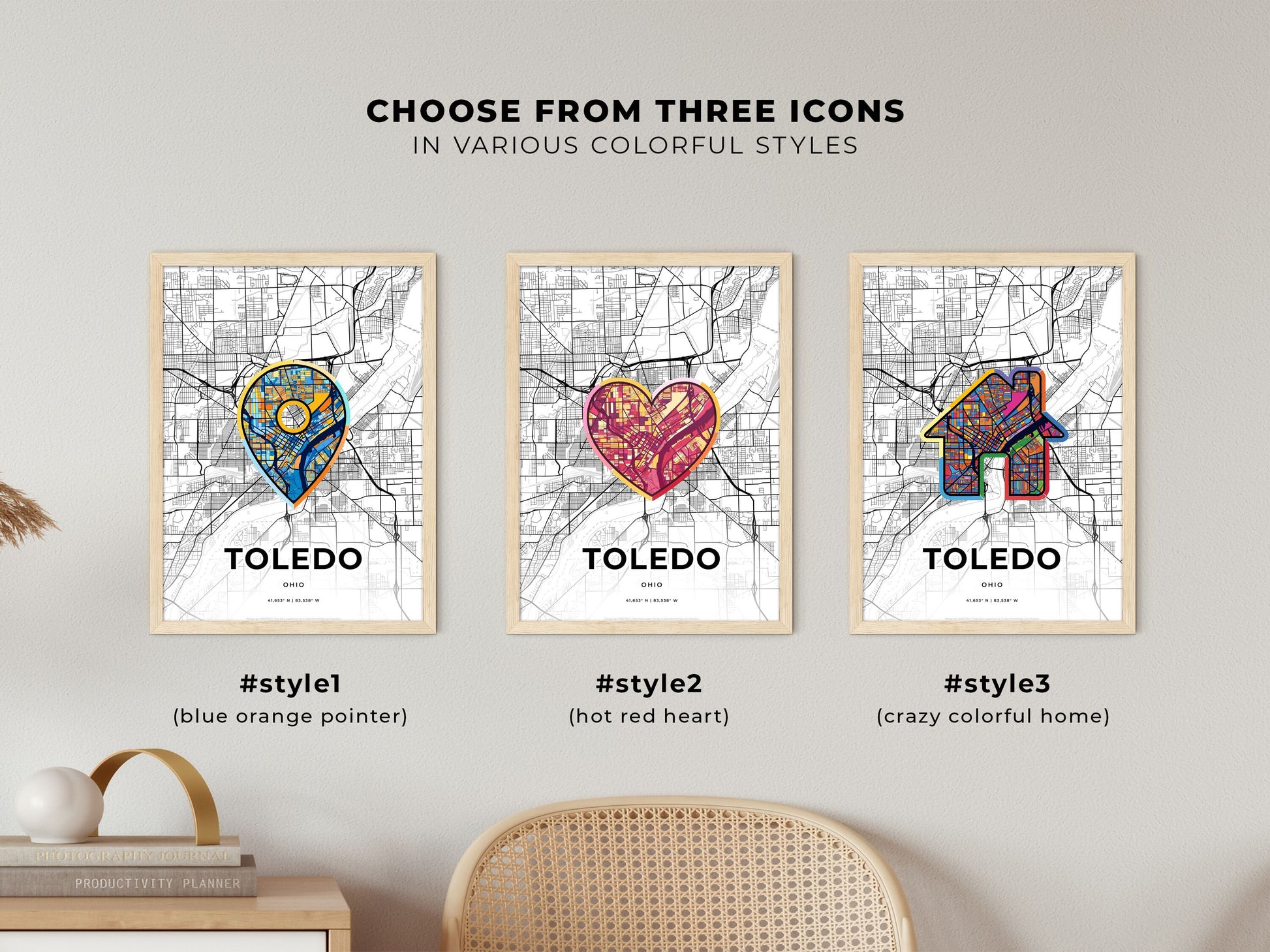 TOLEDO OHIO minimal art map with a colorful icon. Where it all began, Couple map gift.