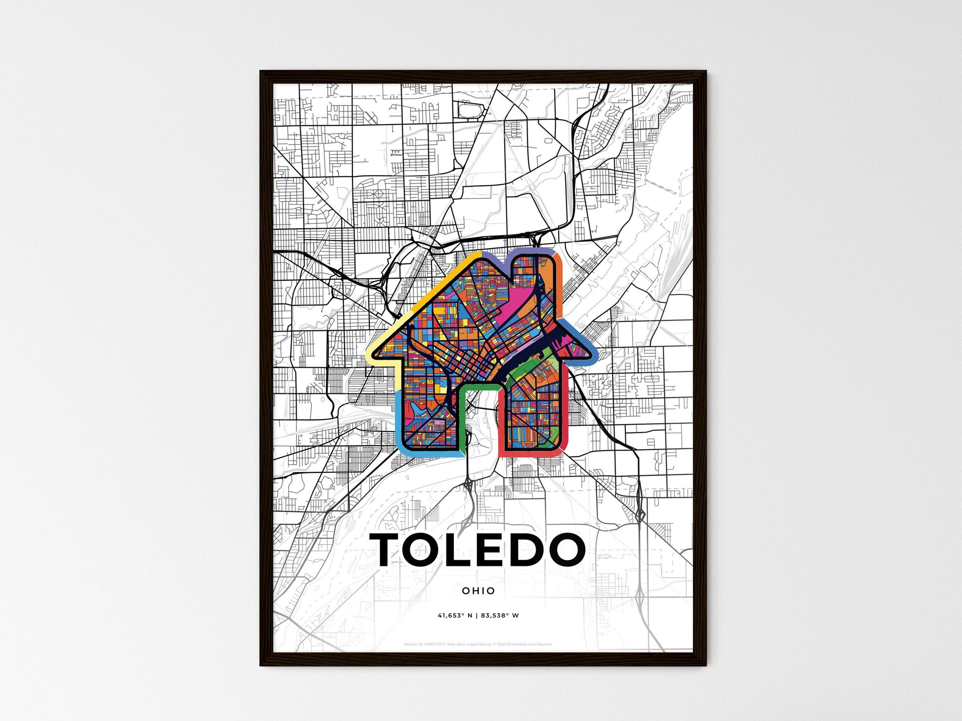 TOLEDO OHIO minimal art map with a colorful icon. Where it all began, Couple map gift. Style 3