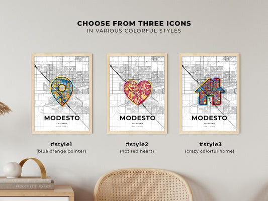 Modesto California maps with colorful icons