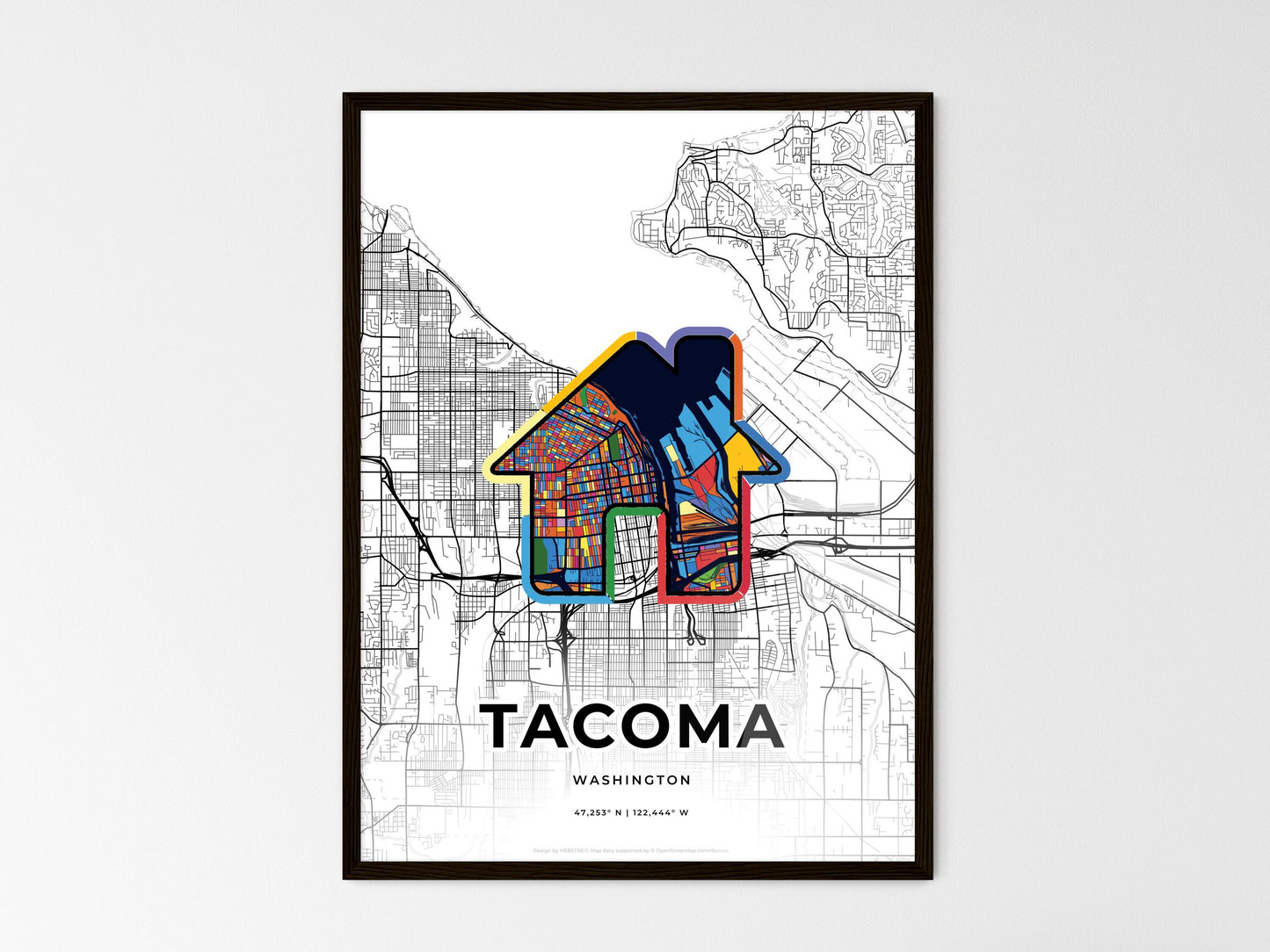 TACOMA WASHINGTON minimal art map with a colorful icon. Where it all began, Couple map gift. Style 3