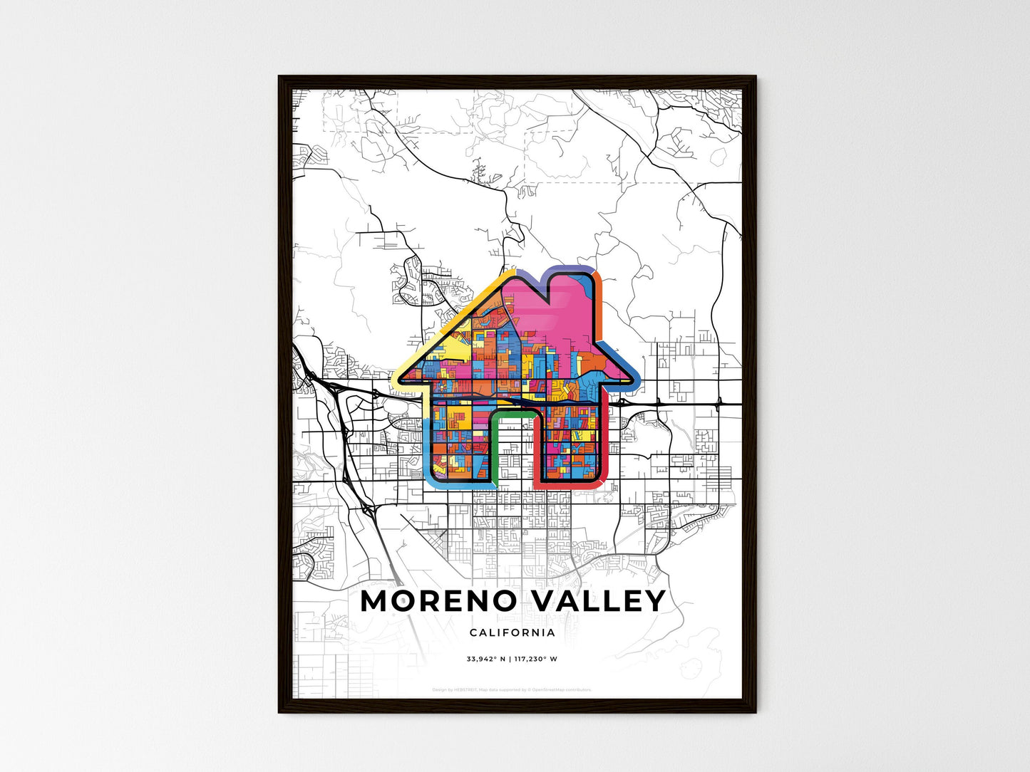 Moreno Valley California wedding art map with home icon