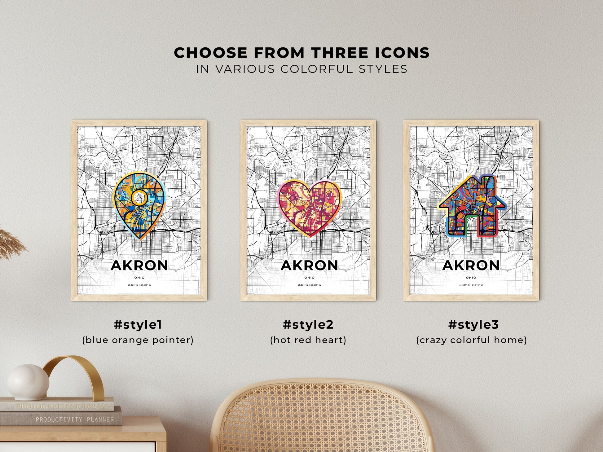 AKRON OHIO minimal art map with a colorful icon. Where it all began, Couple map gift.