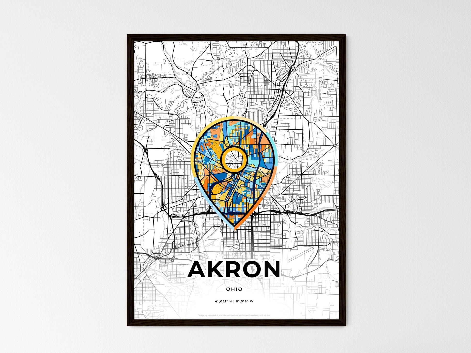 AKRON OHIO minimal art map with a colorful icon. Where it all began, Couple map gift. Style 1