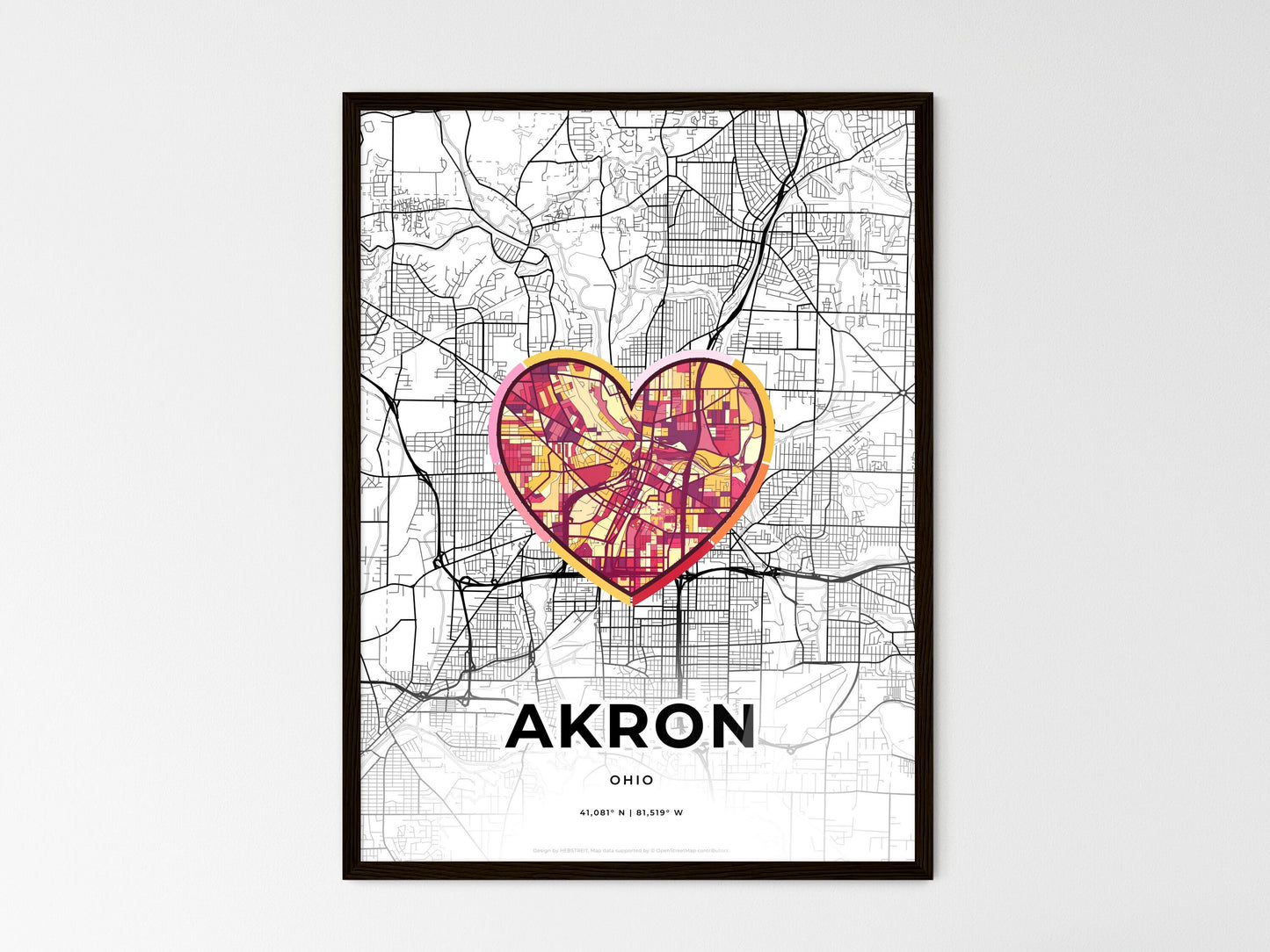 AKRON OHIO minimal art map with a colorful icon. Where it all began, Couple map gift. Style 2