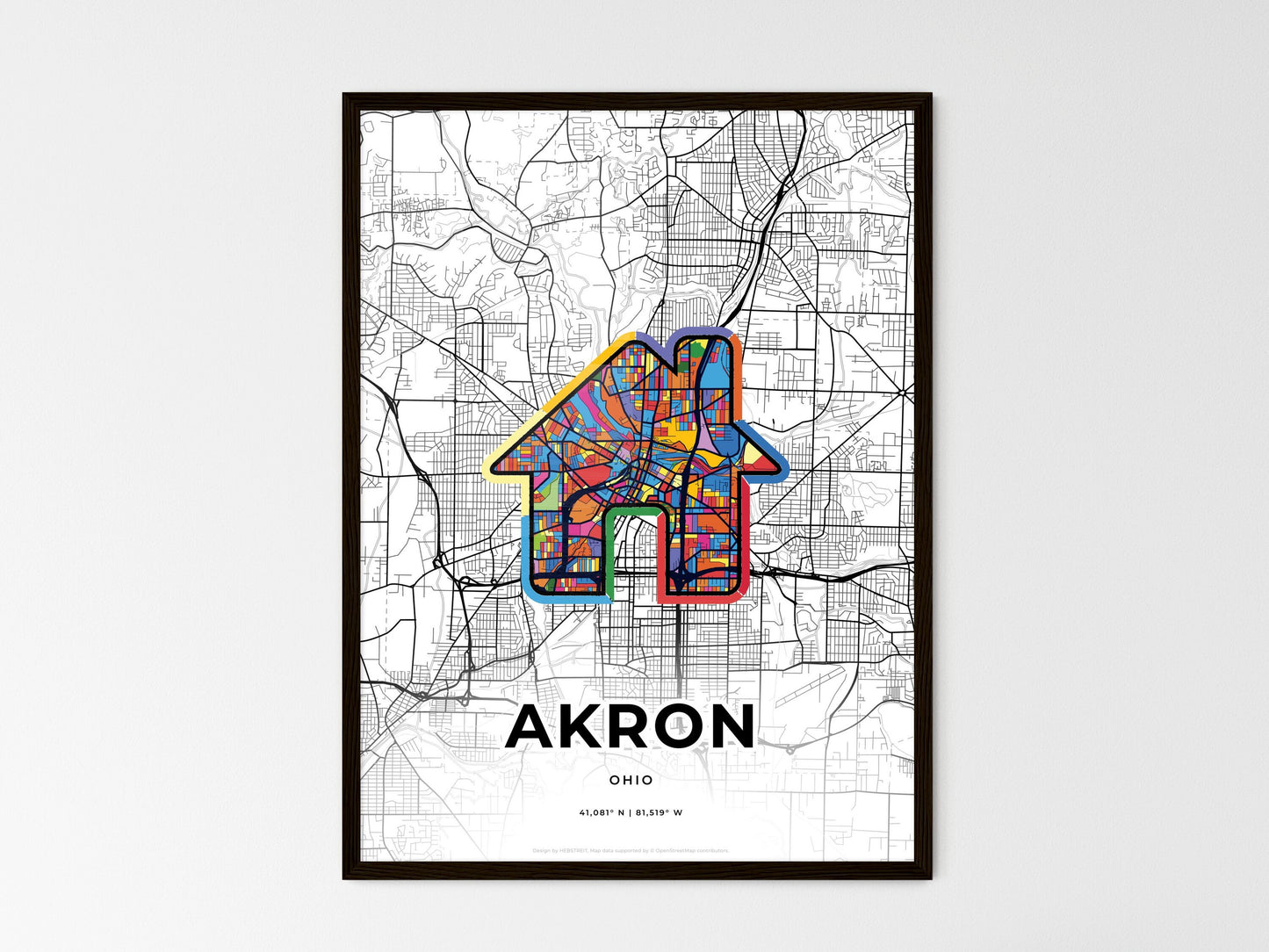 AKRON OHIO minimal art map with a colorful icon. Where it all began, Couple map gift. Style 3