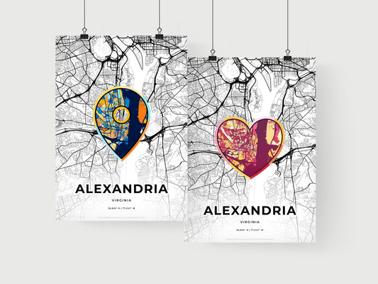 ALEXANDRIA VIRGINIA minimal art map with a colorful icon. Where it all began, Couple map gift.