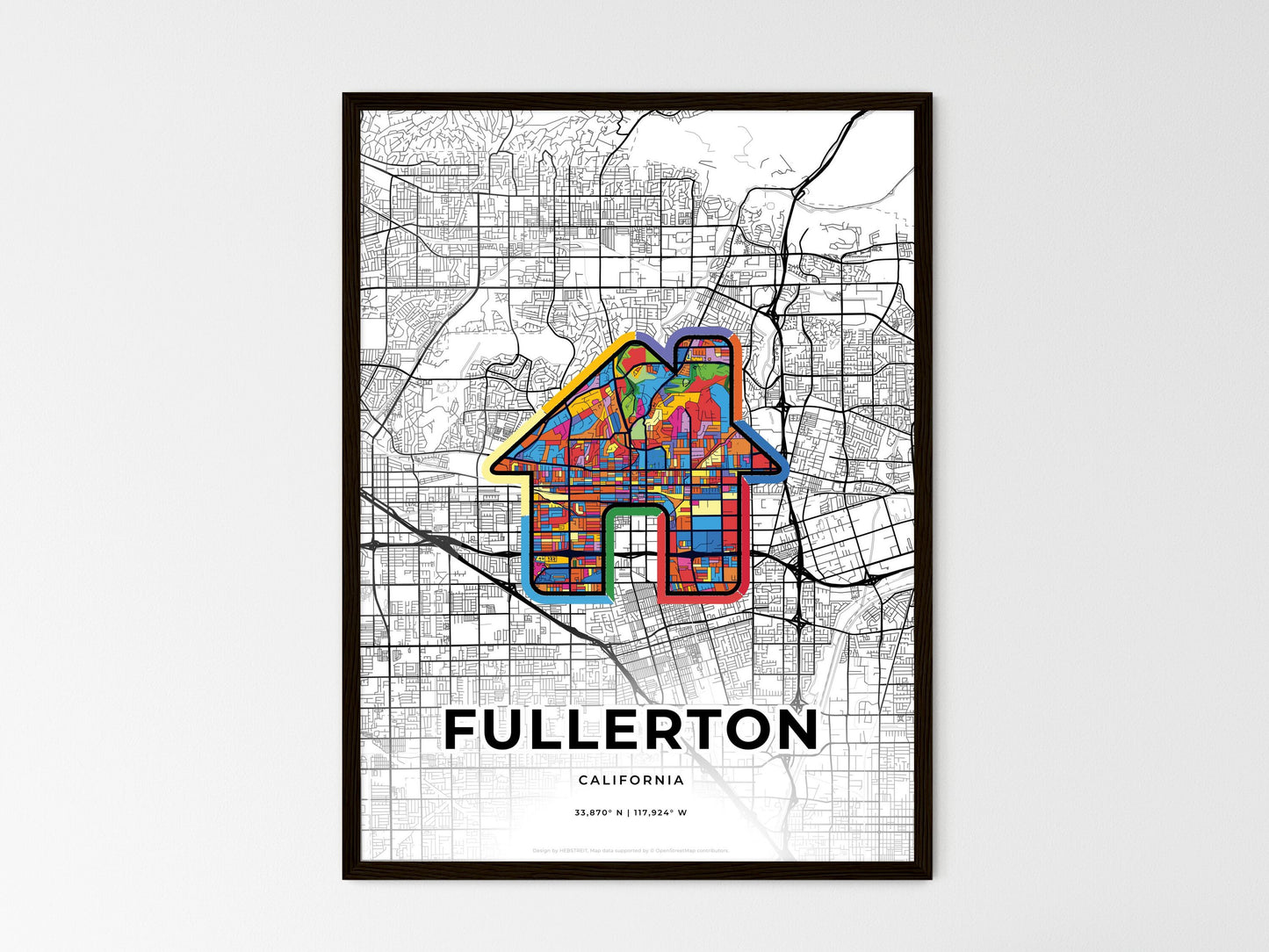 Fullerton California wedding art map with home icon