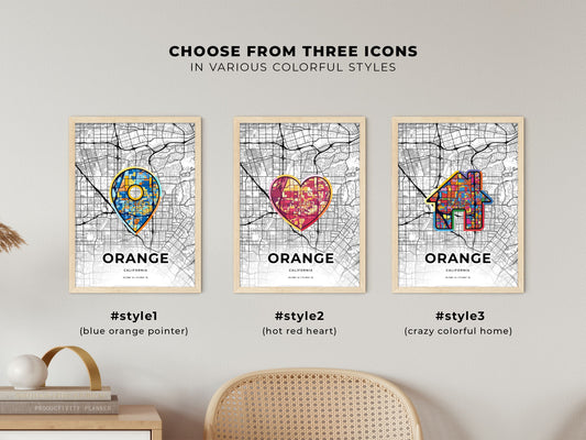 Orange California maps with colorful icons