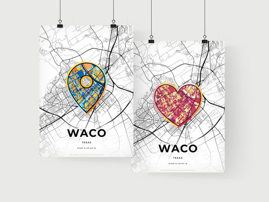 WACO TEXAS minimal art map with a colorful icon. Where it all began, Couple map gift.