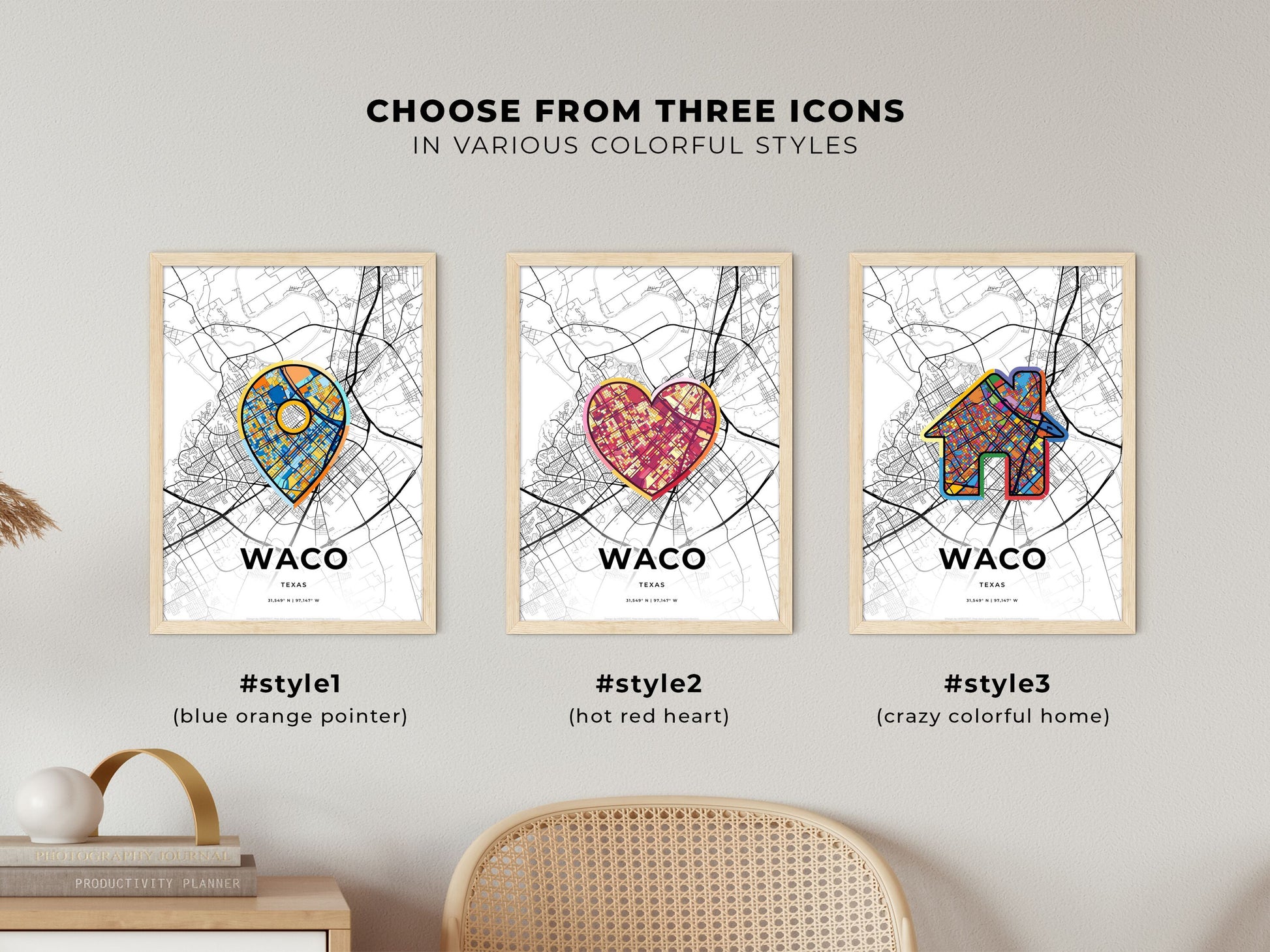 WACO TEXAS minimal art map with a colorful icon. Where it all began, Couple map gift.