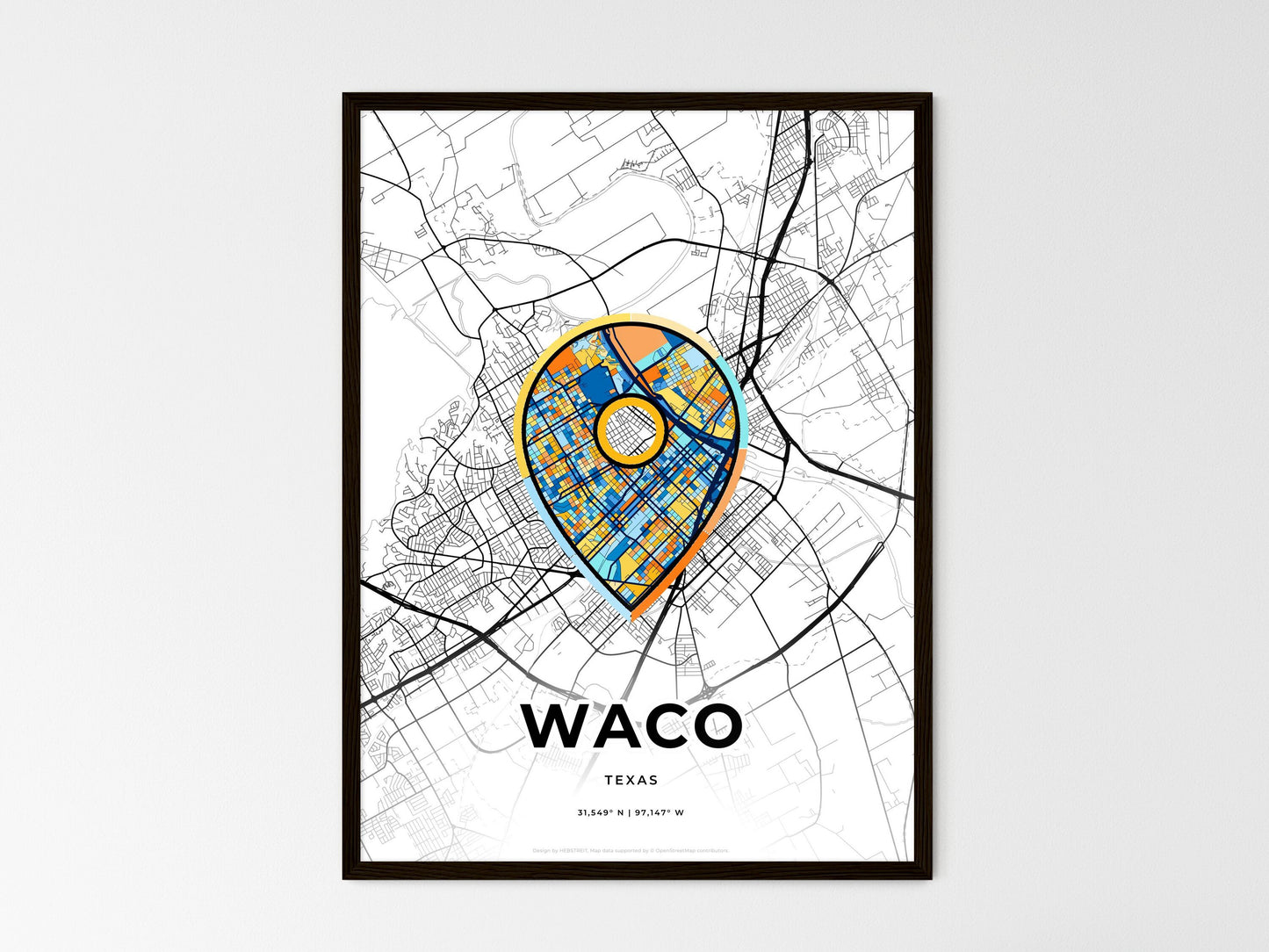 WACO TEXAS minimal art map with a colorful icon. Where it all began, Couple map gift. Style 1