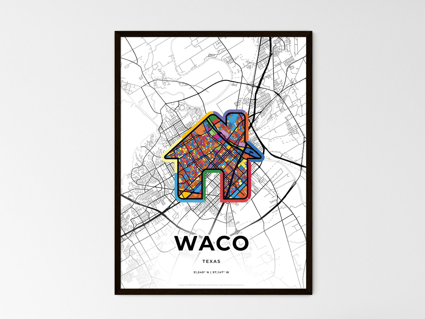 WACO TEXAS minimal art map with a colorful icon. Where it all began, Couple map gift. Style 3
