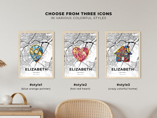 Elizabeth New Jersey maps with colorful icons