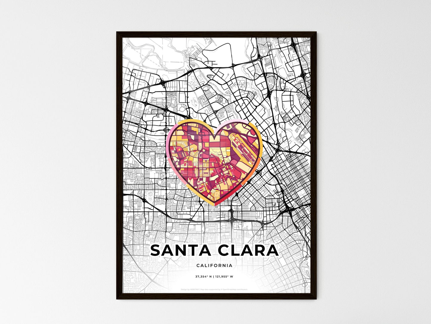 Santa Clara California wedding art map with heart icon