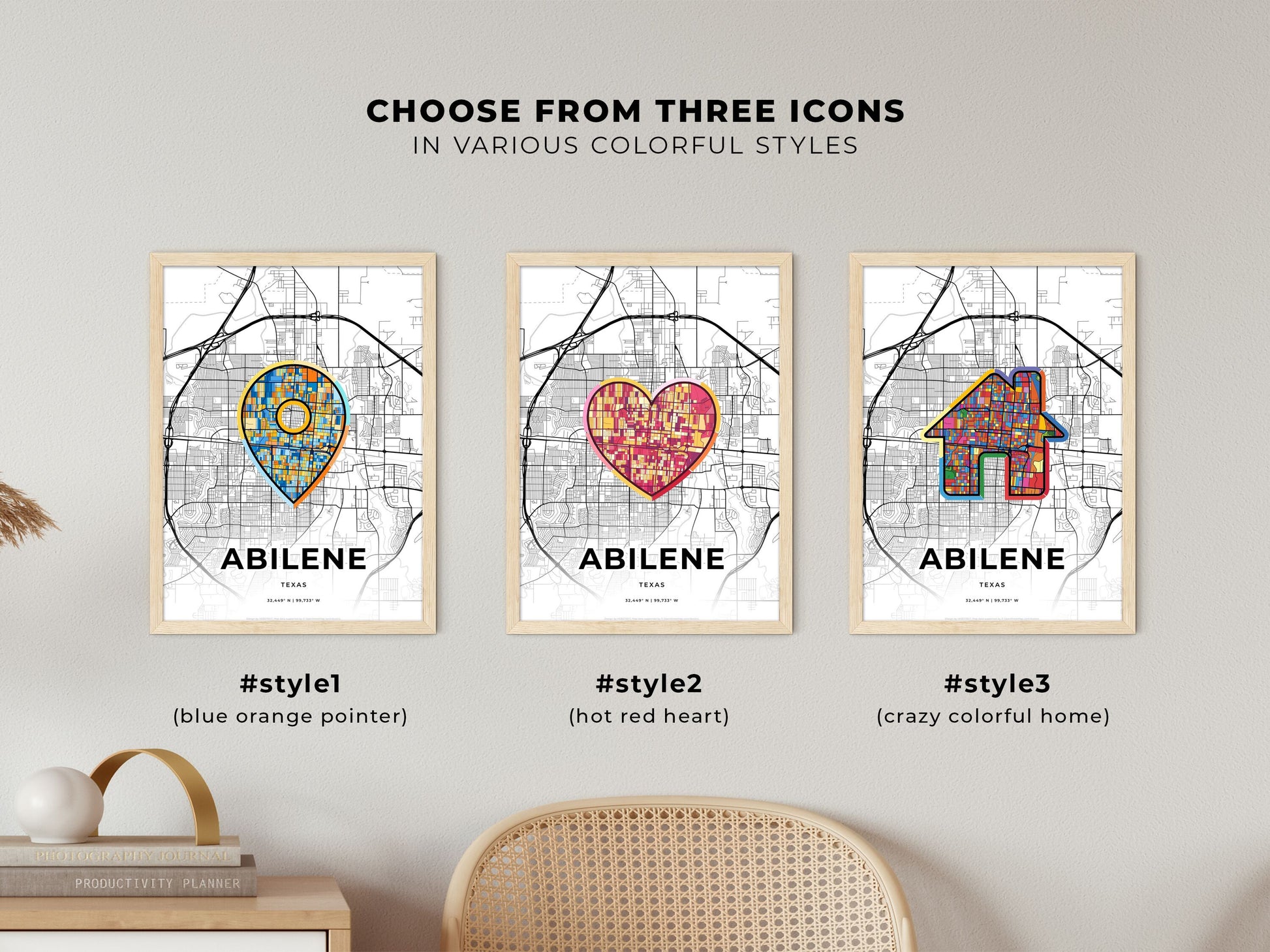 ABILENE TEXAS minimal art map with a colorful icon. Where it all began, Couple map gift.