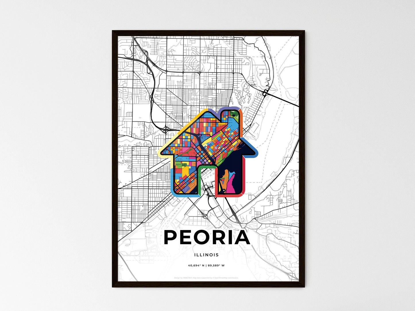 Peoria Illinois wedding art map with home icon