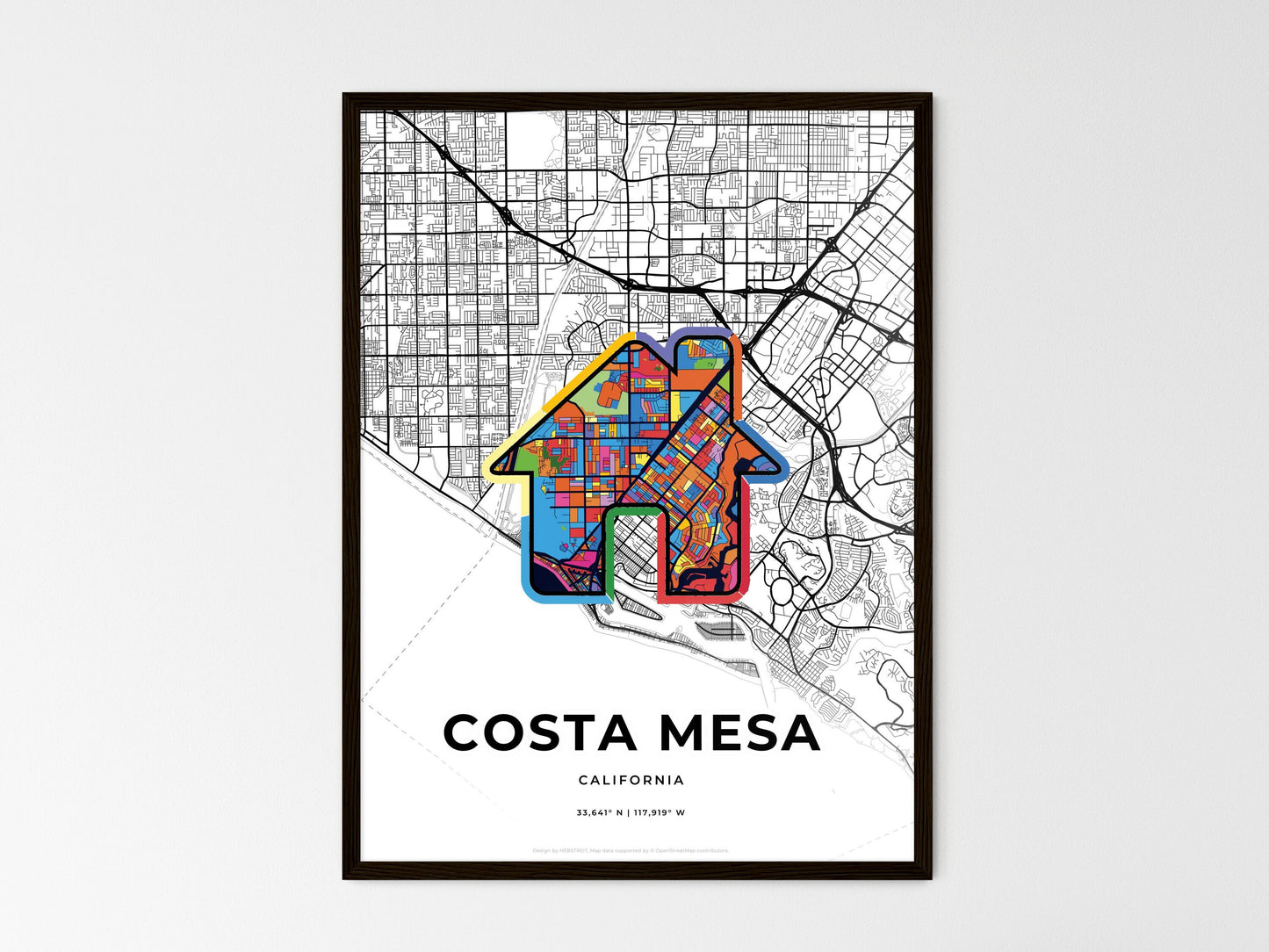 Costa Mesa California wedding art map with home icon