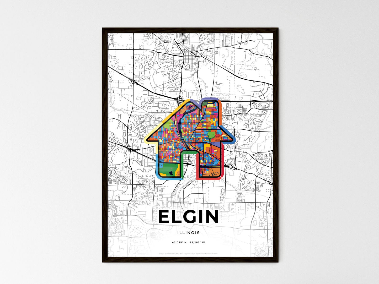 Elgin Illinois wedding art map with home icon