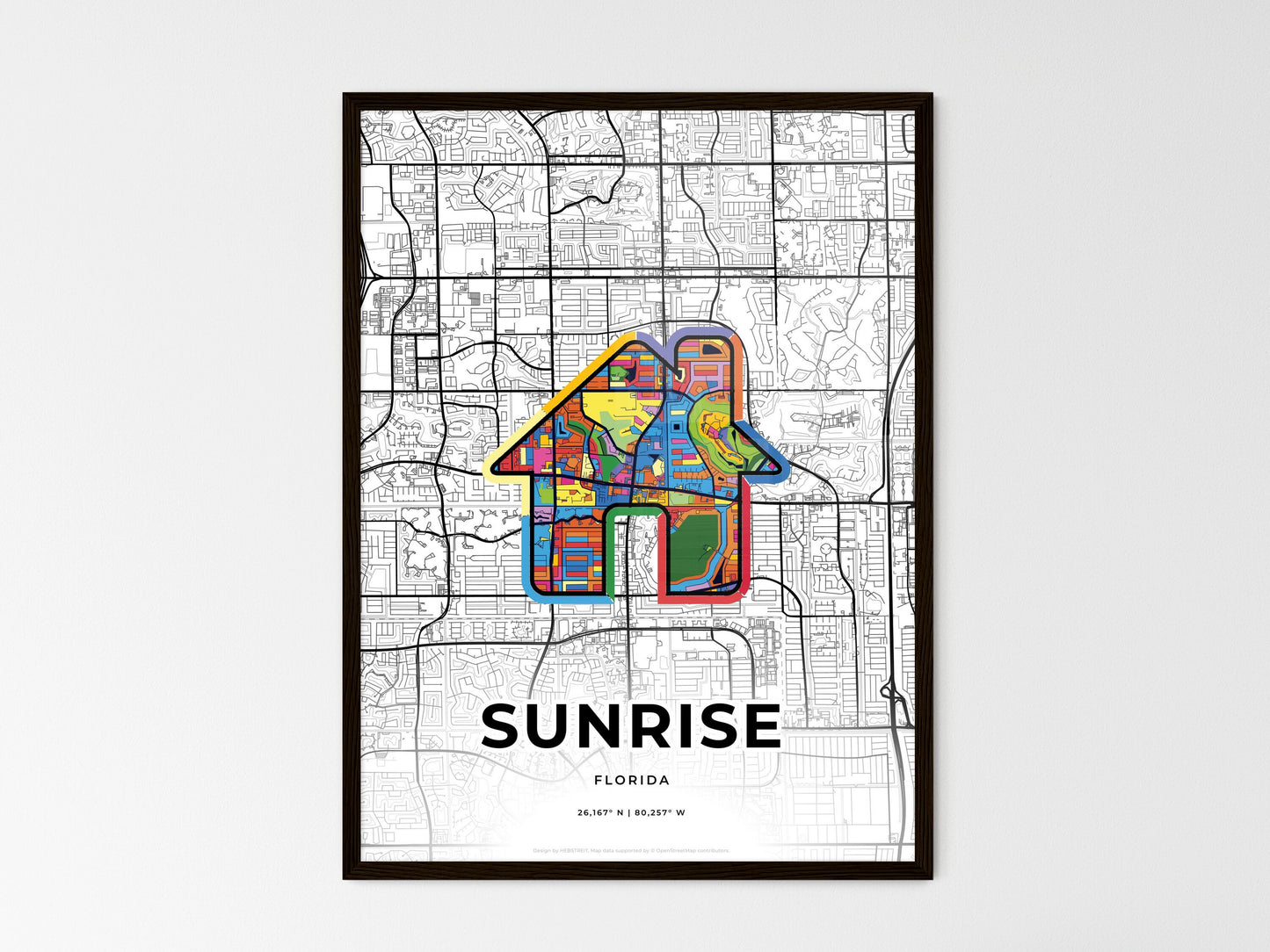 Sunrise Florida wedding art map with home icon