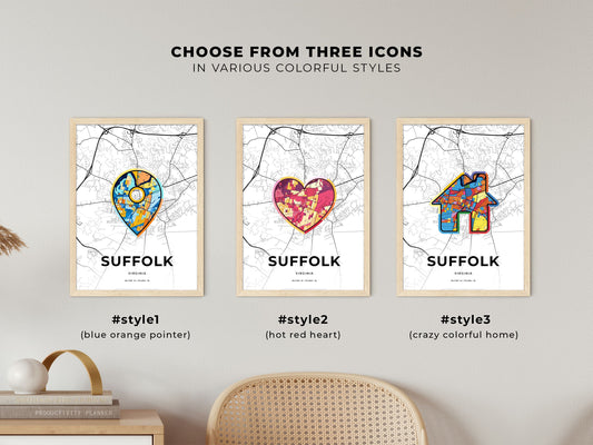 Suffolk Virginia maps with colorful icons