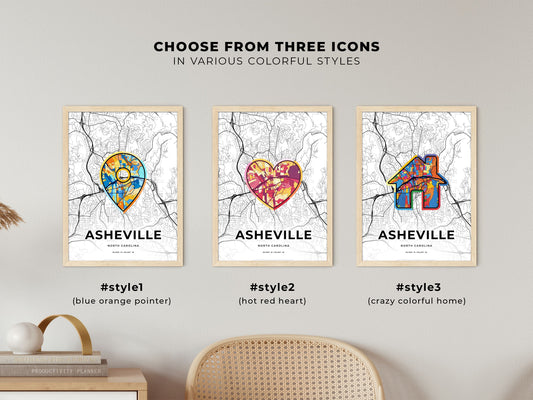 Asheville North Carolina maps with colorful icons