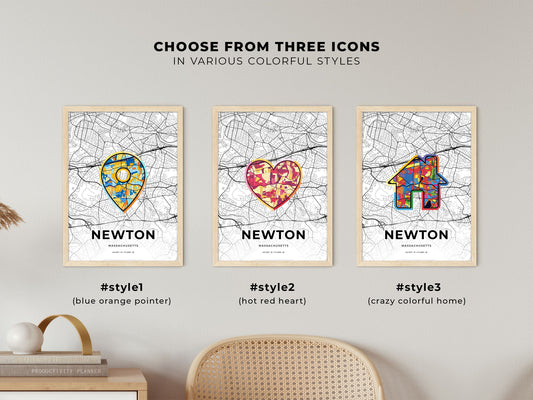Newton Massachusetts maps with colorful icons
