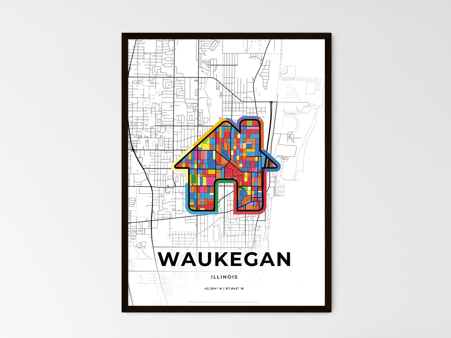 Waukegan Illinois wedding art map with home icon