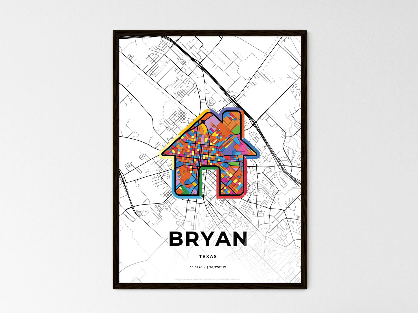 Bryan Texas wedding art map with home icon