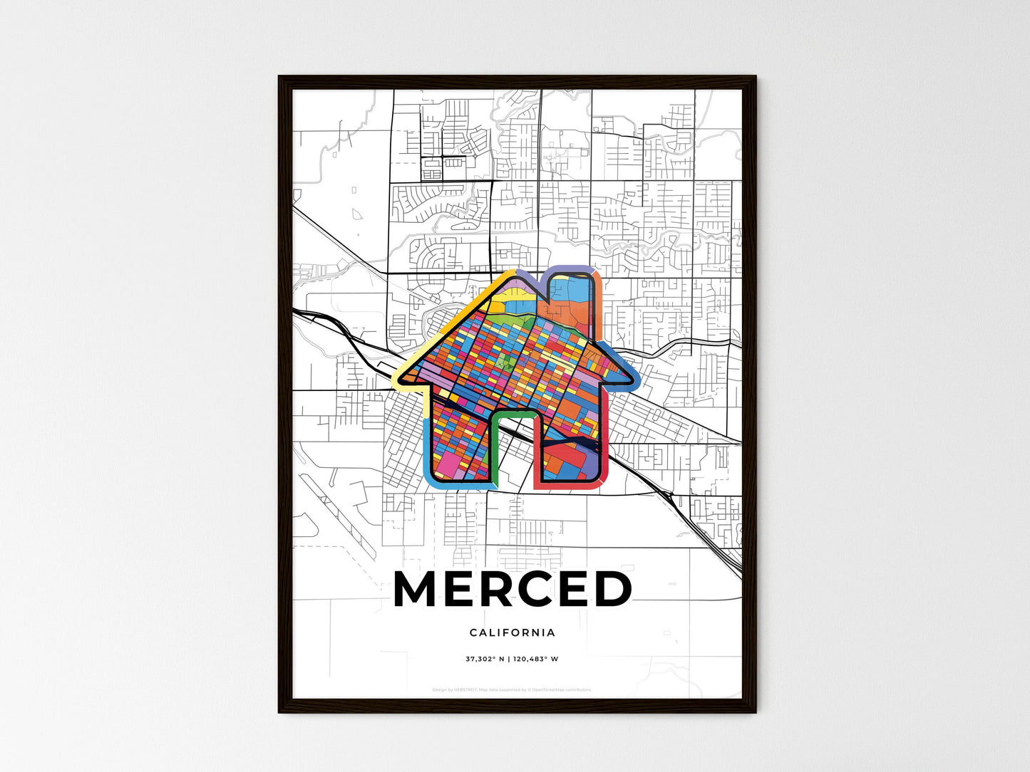 Merced California wedding art map with home icon
