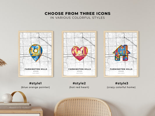 Farmington Hills Michigan maps with colorful icons