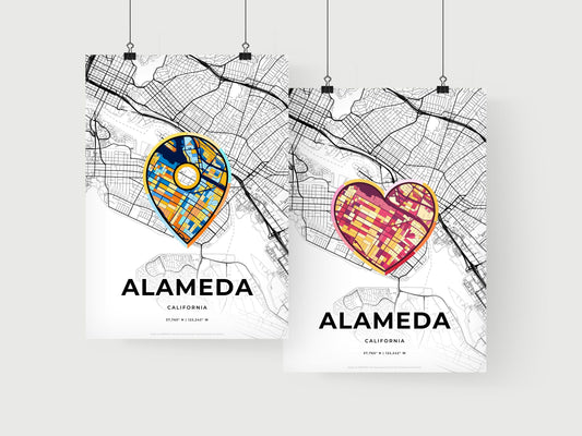 ALAMEDA CALIFORNIA minimal art map with a colorful icon. Where it all began, Couple map gift.