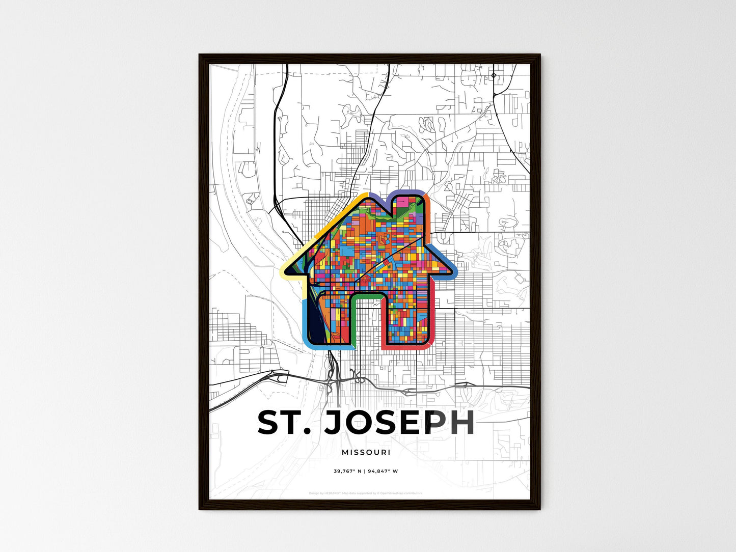 St. Joseph Missouri wedding art map with home icon
