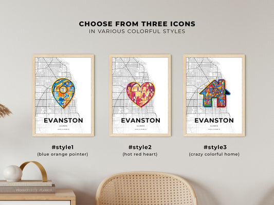 Evanston Illinois maps with colorful icons