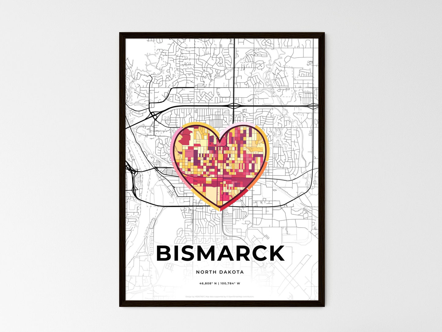 Bismarck North Dakota wedding art map with heart icon