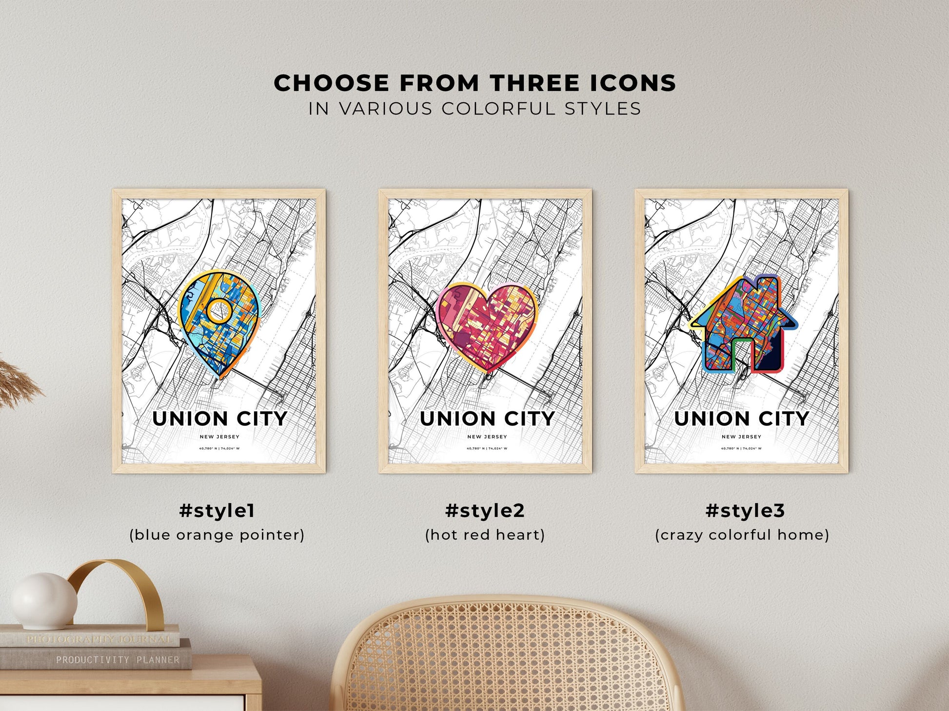 UNION CITY NEW JERSEY minimal art map with a colorful icon. Where it all began, Couple map gift.