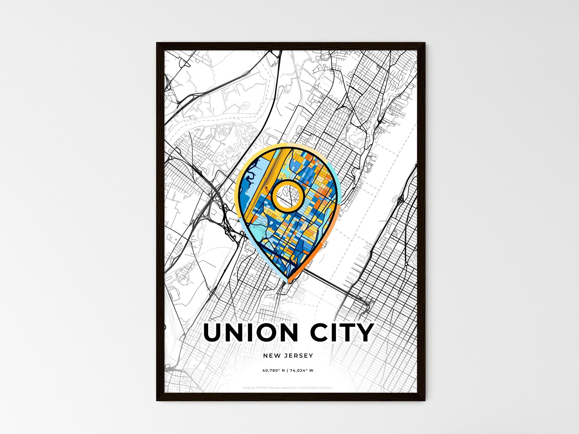 UNION CITY NEW JERSEY minimal art map with a colorful icon. Where it all began, Couple map gift. Style 1