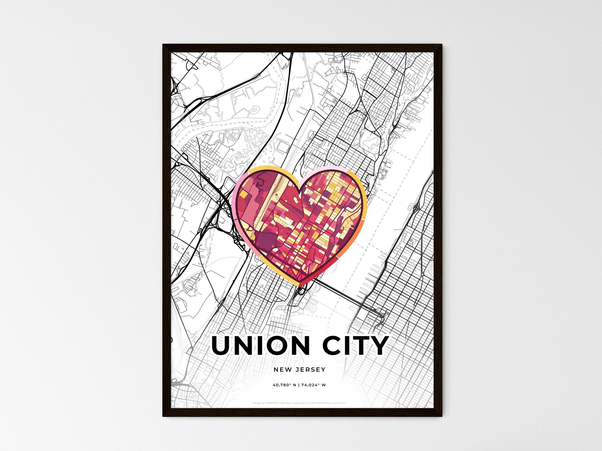 UNION CITY NEW JERSEY minimal art map with a colorful icon. Where it all began, Couple map gift. Style 2