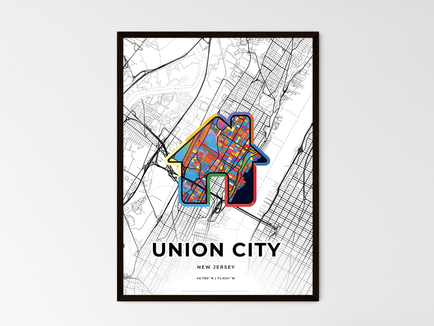 UNION CITY NEW JERSEY minimal art map with a colorful icon. Where it all began, Couple map gift. Style 3