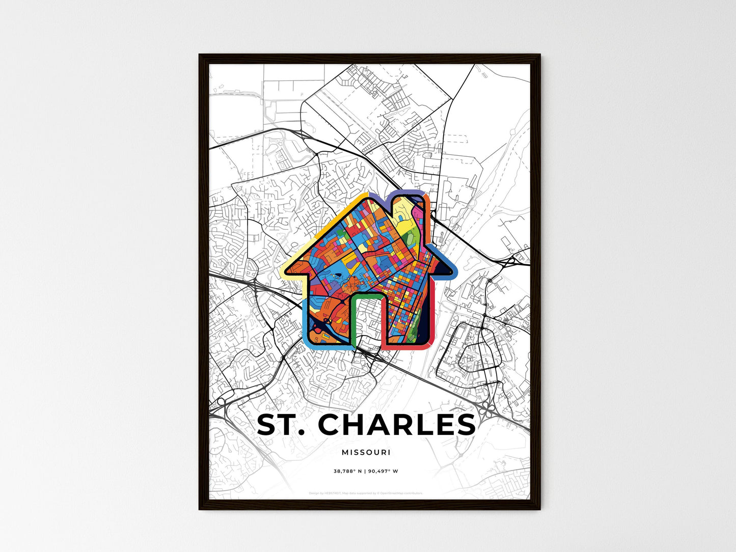 St. Charles Missouri wedding art map with home icon