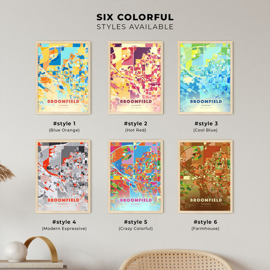 Colorful BROOMFIELD COLORADO Fine Art Map Blue Orange
