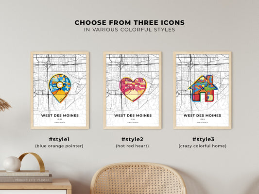 West Des Moines Iowa maps with colorful icons