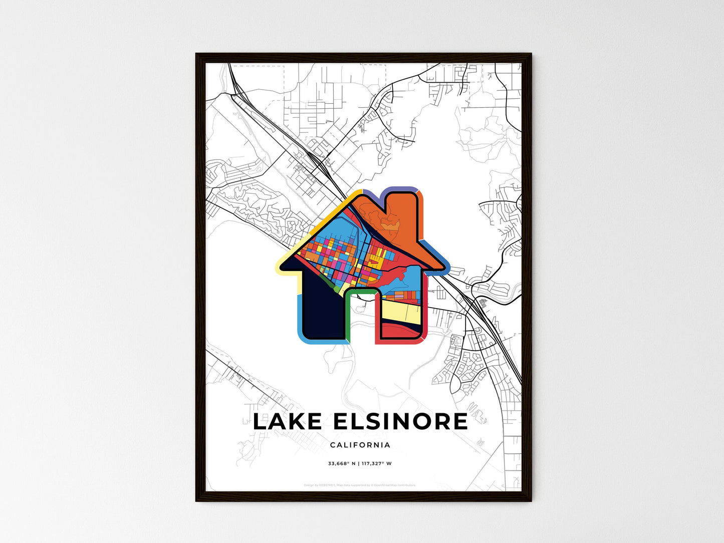 Lake Elsinore California wedding art map with home icon
